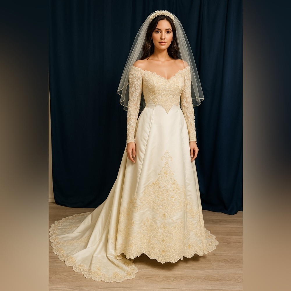 Ivory Off-Shoulder Wedding Dress with Gold Embroidery + Veil & Bouquet - Picture 2 of 16